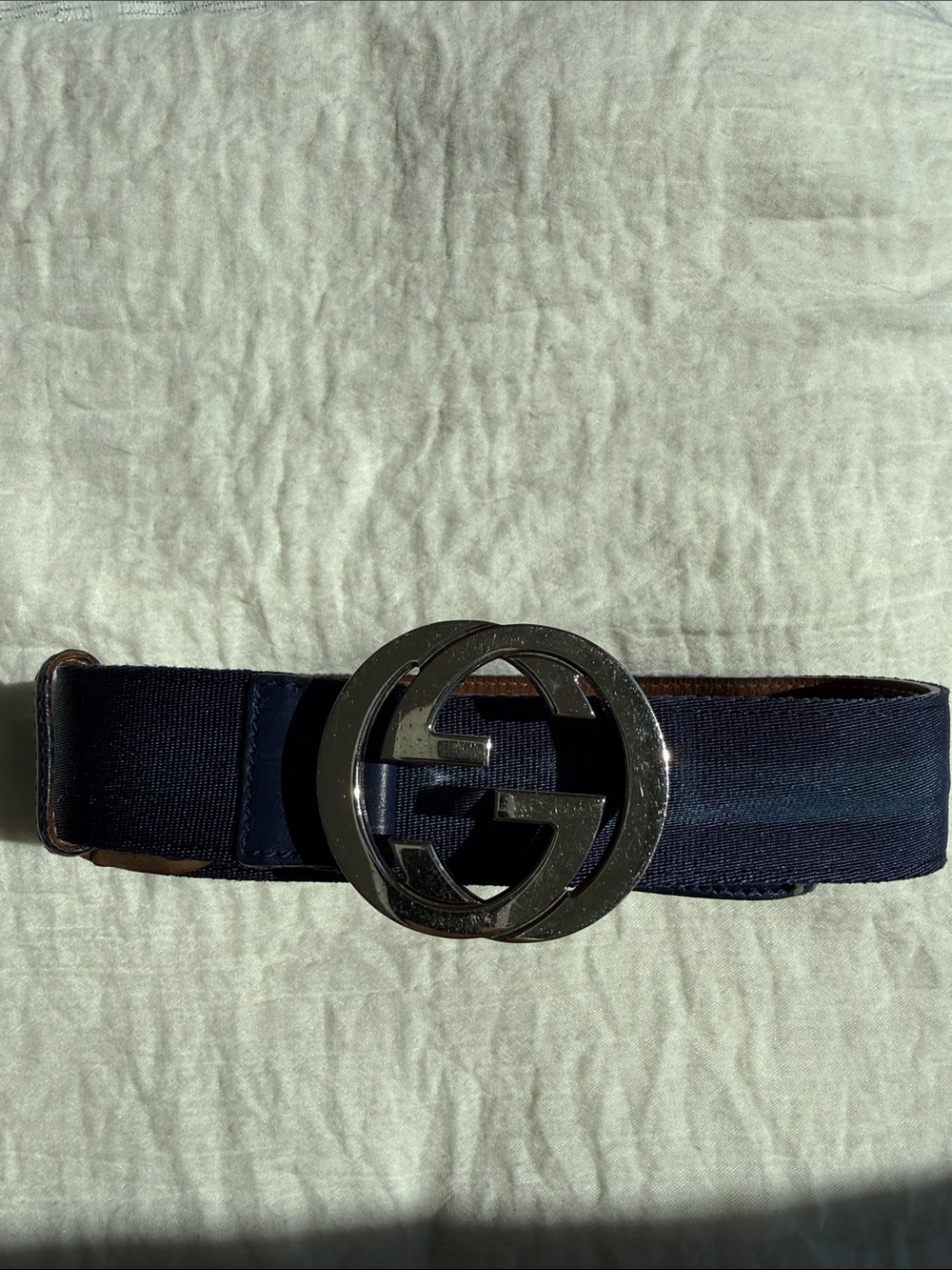 Gucci Navy Web Belt with Silver Double G Buckle